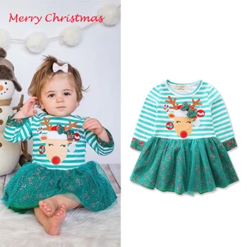 1-7Y Bamblys Vaikas Kūdikių Mergaičių šiaurės Elnių Kalėdų Saldainiai Modelio Suknelę ilgomis Rankovėmis Dryžuotas Elnias Spausdinti Nėrinių Kratinys Tutu Suknelė