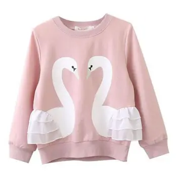 Bamblys Vaikas Baby Girl Medvilnės Animacinių filmų Swan ilgomis Rankovėmis Nėrinių marškinėliai Viršuje Sweatershirt Drabužiai