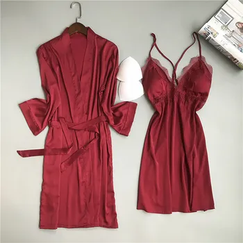 Seksualus Sleepwear Rudenį Moterys Pižamą Rinkiniai 2 Vnt Nightdress Chalatas Su Krūtinės Mygtukai Moterų Atlasas Nėrinių Suknelė Skraiste Nustatyti Homewear