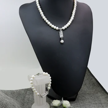 Nuolaida gamtos 8-9mm gėlo vandens dirbtiniu būdu išauginti balta perlų karoliukai, karoliai, apyrankės moterims, pakabukas elegantiškas papuošalų komplektas B2923