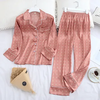 Naujos pižamos moterims pajama nustatyti sleepwear Ledo Šilko Tracksuit Atvartas Atsitiktinis ilgomis Rankovėmis Trouserswomens pižama