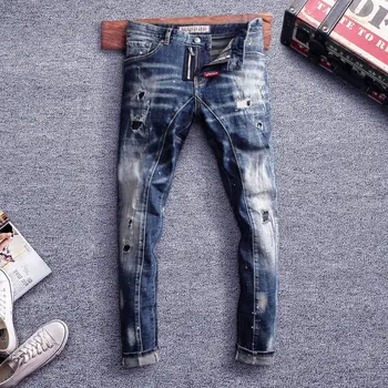 Mados Streetwear Vyrų Džinsai Retro Juoda Slim Fit Elastinga Spliced Sunaikinta Ripped Jeans Homme Naujai Dizaineris Hip-Hop Džinsai Vyrams