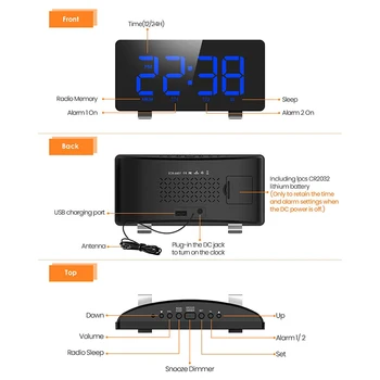 Skaitmeninis Laikrodis-Žadintuvas, ELEGIANT žadintuvai Miegamieji su FM Radijas,Dual Signalizacija,6.7 colių LED Sn,USB Krovimo,Auto