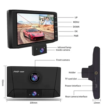 ACCEO X16 Automobilių Dvr 4.0 Colių 1080P FHD Brūkšnys Cam 3 vaizdo Kameros Objektyvas, Vaizdo magnetofoną, Dual Lens Auto Registrator su Galinio vaizdo Kameros skaitmeniniai vaizdo įrašymo įrenginiai