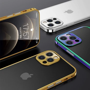 Atsparus smūgiams Metalo Bamperis Telefono dėklas Skirtas iPhone 12 Pro MAX 12 Mini Coque Prabanga Danga Aliuminio Rėmas Kameros Apsauginis Dangtelis
