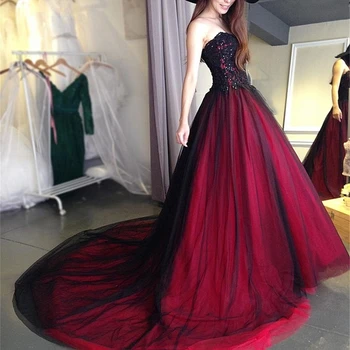 2018 Seksualus Gotikos vestuvių suknelė juoda ir raudona Brangioji Duobute Nėrinių Ilgi Juodi Bordo Vestuvinės Suknelės vestuvių suknelė