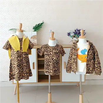 Rudenį Baby Girl Drabužiai, Leopardas Spausdinimui Short-Sleeve Dress T-Shirt Legging Kailis Kostiumas Mergaitėms, Drabužiai Komplektas, Vaikų Drabužiai