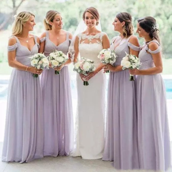Bridesmaid Dresses 2019 Elegantiškas V-Kaklo, Alyvinė Šifono Bridesmaid Dresses Vasaros Vestuvių Tarnaitė Garbės Suknelė Grindų Ilgis