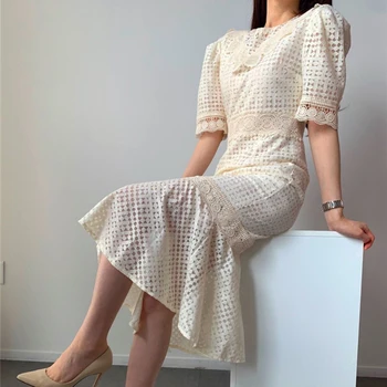 Korėjos Moterys Sluoksniuotos Rankovėmis Tuščiaviduriai Iš Nėrinių Undinė Ilgos Suknelės Elegantiškas Moterų 2020 Metų Vasaros Derliaus Atsitiktinis Slim Maxi Suknelė Vestidos