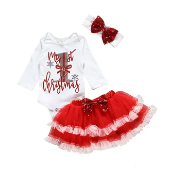 Merginos Kalėdų drabužių rinkiniai vaikams medvilnės rompers+tutu suknelė+legging+lankelis 4pcs šalies drabužiai, kūdikių bamblys jumpsuit