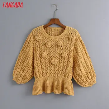Tangada 2020 m. rudenį moterų rutulio papuošti megztinis tunika o kaklo trumpomis rankovėmis megzti megztinis viršūnes 6Z21