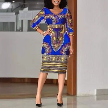 Afrikos Moterų suknelė su v-kaklo, ilgomis rankovėmis suknelę, Afrika Kleidung rudenį Aukšto Juosmens Pieštuku Sijonas bodycon vintage Drabužių streetwear