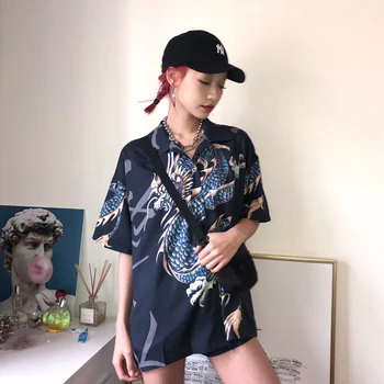 Kimono Moteris/Vyras Palaidinės BF Negabaritinių Stiliaus Viršūnes Harajuku Dragon Spausdinti Marškinėliai Streetwear trumpomis Rankovėmis Palaidinės Moterų Blusas Mujer