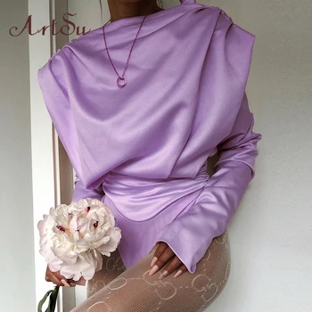 Artsu Violetinę Satino Palaidinės Ilgomis Rankovėmis Bodysuit Elegantiškas Ponios Aprengti Bodysuits Viršūnes Moterų 2020 M. Naujų Romper Mujer Vintage Marškinėliai