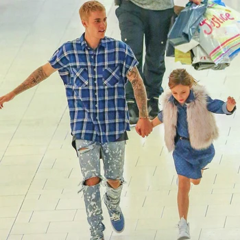 High Street Negabaritinių Pledas Berankoviai Marškinėliai Pusėje Užtrauktukas Languotas Mens Justin Bieber Banga Multi-color Prarasti Liemenė Marškinėliai