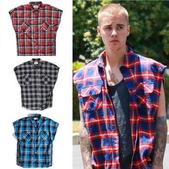 High Street Negabaritinių Pledas Berankoviai Marškinėliai Pusėje Užtrauktukas Languotas Mens Justin Bieber Banga Multi-color Prarasti Liemenė Marškinėliai