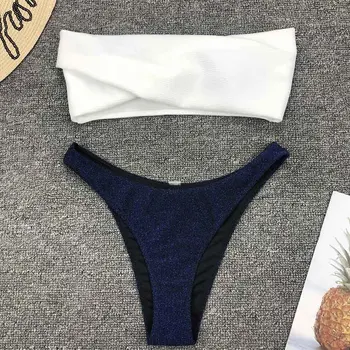 Naujas Seksualus Bandeau Blizga Blizgučiai Bikini Komplektas 2019 Moterų maudymosi Kostiumėliai, Moterų maudymosi kostiumėlį Dviejų dalių Bikinius Nustatyti Bather Maudymosi Kostiumą Plaukti