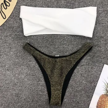 Naujas Seksualus Bandeau Blizga Blizgučiai Bikini Komplektas 2019 Moterų maudymosi Kostiumėliai, Moterų maudymosi kostiumėlį Dviejų dalių Bikinius Nustatyti Bather Maudymosi Kostiumą Plaukti
