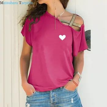 Vasaros Medvilnės Moterų Marškinėliai Širdies Print Plus Size Trumpas Rankovės Tees Viršūnes Atsitiktinis Paprasta seksualus Nereguliarus Moterų TShirts