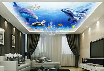 3D 3d tapetai lubų tapetai Vandenyno akvariumas, delfinų ir vėžlių zenith lubų freskomis 3d kambarį foto tapetai