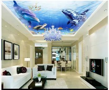3D 3d tapetai lubų tapetai Vandenyno akvariumas, delfinų ir vėžlių zenith lubų freskomis 3d kambarį foto tapetai