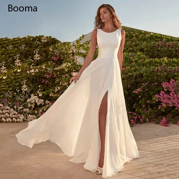 Paprasta Dramblio Kaulo Šifono Vestuvių Suknelės Scoop Aukštos Ritininės-Line Nuotakos Suknelės Backless Cutaway Pusių Nėrinių Diržas Ilgas Vestuvių Suknelės