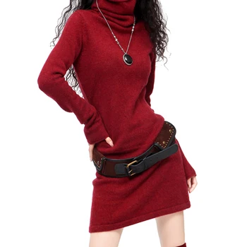 Moterų Ilgas Rankovėmis Varpo Kašmyro Vilnos Golfo Vintage Megztinis Suknelė Moterų Žiemos Juoda Balta Raudona Kinijos Šiltas Atsitiktinis Suknelė