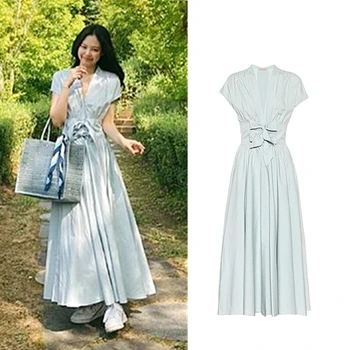 Kpop korėjos Įžymybių vasaros sweet V-kaklo, juosmens dizaino nėrinių-up ilga suknelė moterų mados temperamentas elegantiškas trumpomis rankovėmis suknelės