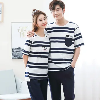 Pora Medvilnės Trumpomis Rankovėmis Ilgas Kelnes Pajama Komplektai Moterų Vasaros Korėjos Atsitiktinis Dryžuotas Sleepwear Homewear Pijama Mujer Vyrų Drabužiai