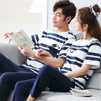 Pora Medvilnės Trumpomis Rankovėmis Ilgas Kelnes Pajama Komplektai Moterų Vasaros Korėjos Atsitiktinis Dryžuotas Sleepwear Homewear Pijama Mujer Vyrų Drabužiai