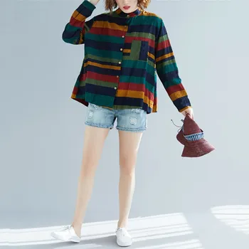 Ilgomis rankovėmis medvilnės rudens derliaus korėjos stiliaus plius dydis Atsitiktinis laisvi marškinėliai moterims palaidinė 2021 drabužius ponios viršūnes streetwear