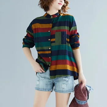 Ilgomis rankovėmis medvilnės rudens derliaus korėjos stiliaus plius dydis Atsitiktinis laisvi marškinėliai moterims palaidinė 2021 drabužius ponios viršūnes streetwear