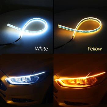 Pora 60cm Gintaro spalvos Lanksčias LED DRL Juostelės Automobilių Žibintų Šviesos važiavimui Dieną, Vairavimo, Balta Posūkio Signalo Geltona Lempa