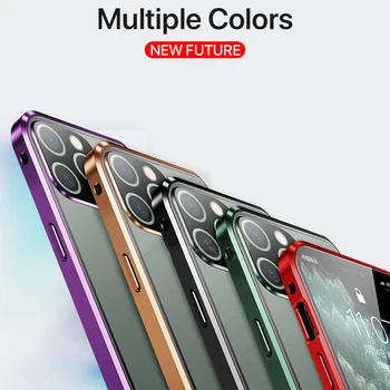 Prabangus Kvadratinis Metalo bamperis Magnetinio Adsorbcijos Atveju iPhone, 11 Pro Max 12 Dvipusis Stiklas skaidrus 360 Apsauginis Telefono Dangtelis