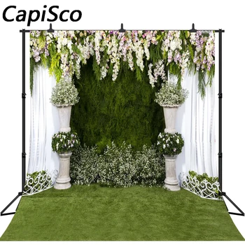 CapiSco fotografijos fonas Baltas žolė, gėlės švęsti vestuvių fone, photocall profesinės tinkinti