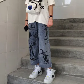 Hip-hop Spausdinimo Plovimo Džinsai Moterims Harajuku Prarasti Atsitiktinis Džinsinis Platus Kojų Kelnės 2020 M. Derliaus Moterų Draugų Mados Streetwear