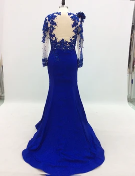 Royal Blue ilgomis Rankovėmis Undinė vakarines Sukneles Moterims, Puošnios Nėrinių Appliques Elegantiškas Oficialų Prom Šalies Chalatai