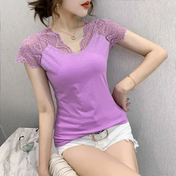 Vasaros Mados korėjiečių Drabužius T-shirt Seksualus V-Kaklo Deimantų Kratinys Nėriniai Moterų Viršūnių Ropa Mujer Trumpas Rankovės Tees 2020 T06502