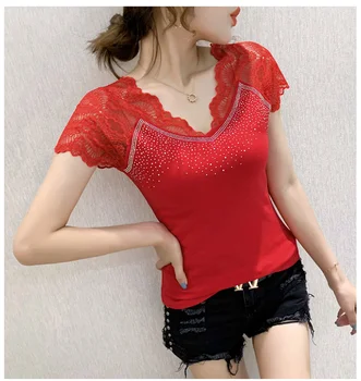 Vasaros Mados korėjiečių Drabužius T-shirt Seksualus V-Kaklo Deimantų Kratinys Nėriniai Moterų Viršūnių Ropa Mujer Trumpas Rankovės Tees 2020 T06502