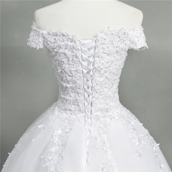 ZJ9145 2020 m. nauja Baltos spalvos Dramblio kaulo Elegantiškas Kamuolys Suknelė Off Peties Vestuvių Suknelės brides Nėrinių brangioji su nėrinių kraštu Plius Dydis