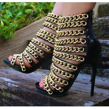 SHOFOO batai.Mados naujovė moterų batai , juodos gyvatės oda, aukso grandinės apdaila, 11cm aukšto kulno sandalai. DYDIS:34-45