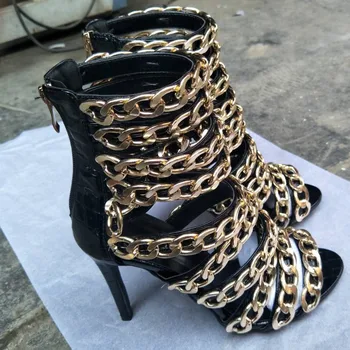 SHOFOO batai.Mados naujovė moterų batai , juodos gyvatės oda, aukso grandinės apdaila, 11cm aukšto kulno sandalai. DYDIS:34-45