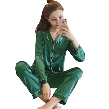 Moterų Sleepwear Dirbtiniais Šilko Satino Pižama Nustatyti ilgomis Rankovėmis Sleepwear V-kaklo vientisos Spalvos Dviejų Moterų vienetų Homewear