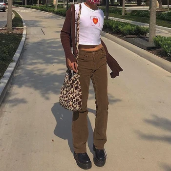 Derliaus Velvetas Sweatpants Rudenį 2020 Y2k Kelnės Moterims Aukšto Juosmens Harajuku Ilgio Tiesios Kelnės 90s E-Girl Capri Streetwear