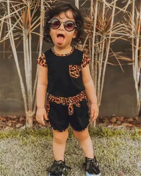 Pudcoco Bamblys Vaikas Baby Girl Trumpas Rankovės Leopard Topai Marškinėliai Kratinys Bowknot Trumpas Kelnes Apranga, Drabužiai Rinkinys 2VNT