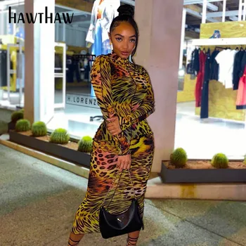 Hawthaw Moteris Rudens-Žiemos Leopardas Spausdinti Bodycon Kratinys Ilgomis Rankovėmis Moteriška Pieštuku Suknelė 2020 M. Rudenį Drabužių Streetwear