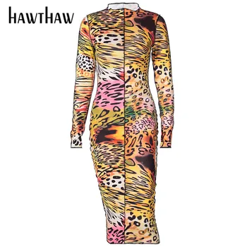 Hawthaw Moteris Rudens-Žiemos Leopardas Spausdinti Bodycon Kratinys Ilgomis Rankovėmis Moteriška Pieštuku Suknelė 2020 M. Rudenį Drabužių Streetwear