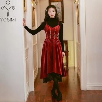 YOSIMI 2 Gabalas Komplektus 2020 M. Rudens Žiemos Moterys Visą Rankovės Juodos spalvos Megztinis ir Gėlių Siuvinėjimas Aksomo Dirželis Suknelė 2 Gabalas Rinkiniai