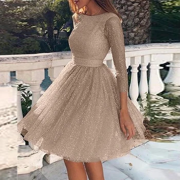 Blizgučiais Backless vienspalviai voile Šalis, O-kaklo-Line Princesė Perspektyvos Pavasario Vasaros Elegantiškas Naujas ilgomis Rankovėmis Mini Suknelės Moteris