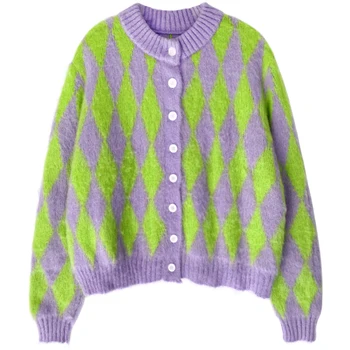Žalia ir Violetinė Argyle Mimi Megztinis ilgomis Rankovėmis Mygtuką Cardigan Megztinis Moheros Megzti Viršų Ponios Komplektai